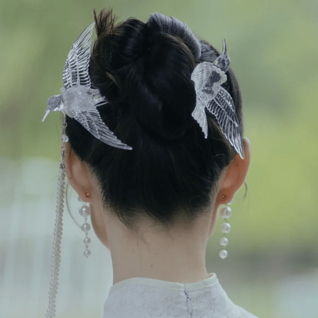 Transparent Lovebird Magpie Pearl Long Chain Tassel Hair Fork Hair Clip Set - ArtGalleryZen