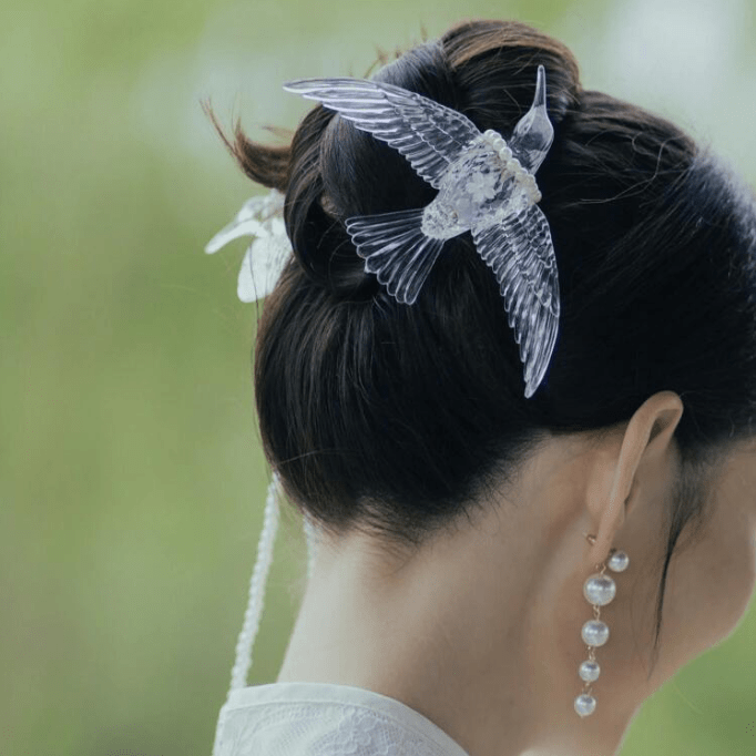 Transparent Lovebird Magpie Pearl Long Chain Tassel Hair Fork Hair Clip Set - ArtGalleryZen
