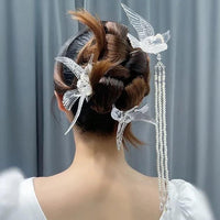 Thumbnail for Transparent Lovebird Magpie Pearl Long Chain Tassel Hair Fork Hair Clip Set - ArtGalleryZen