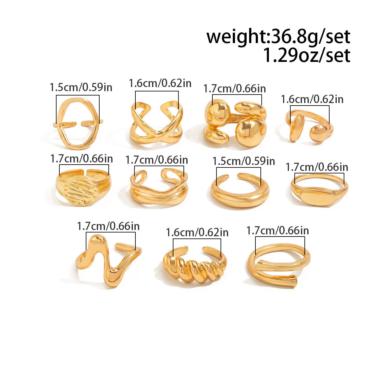 Trendy 11pcs Gold Silver Tone Hollow Waterdrop Twisted Ring Set - ArtGalleryZen