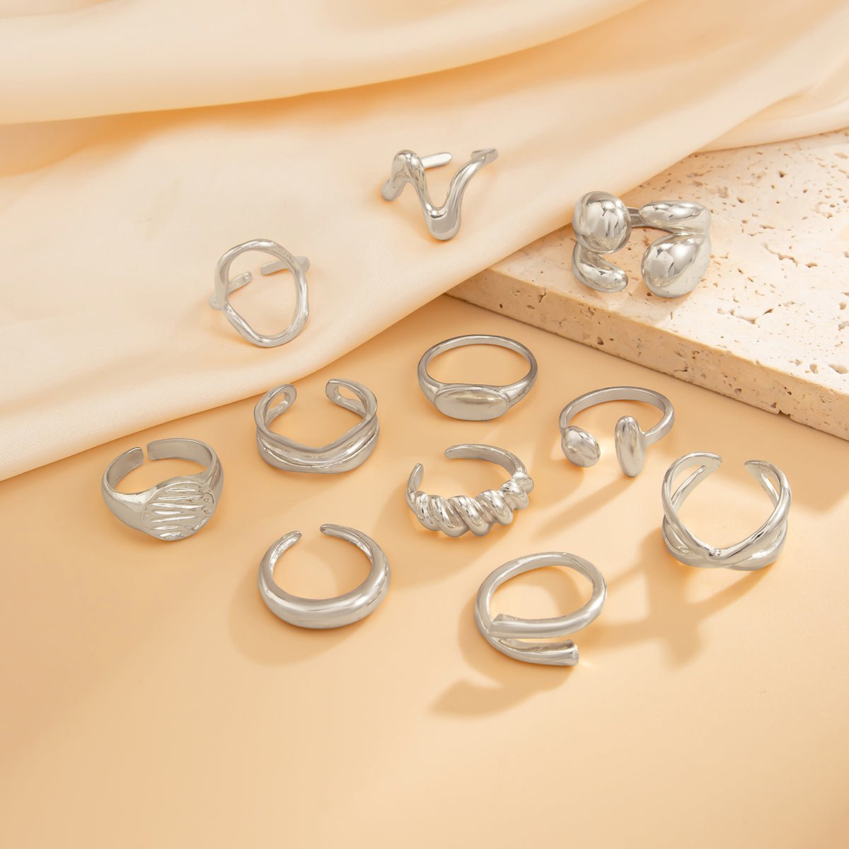 Trendy 11pcs Gold Silver Tone Hollow Waterdrop Twisted Ring Set - ArtGalleryZen