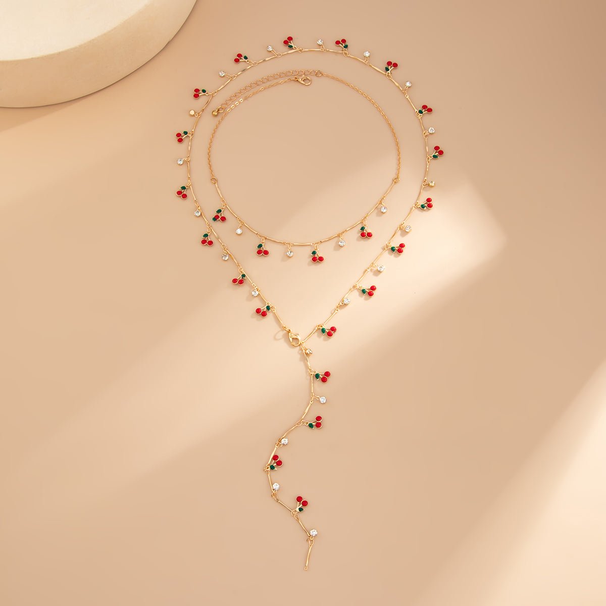 Trendy 2pcs Enamel Cherry Rhinestone Charm Y Necklace Set - ArtGalleryZen