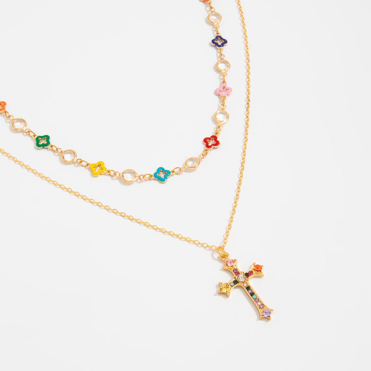 Trendy 2pcs Rhinestone Inlaid Cross Pendant Crystal Chain Necklace Set - ArtGalleryZen