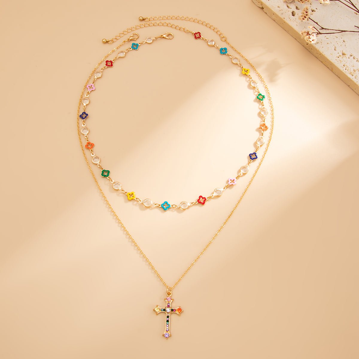 Trendy 2pcs Rhinestone Inlaid Cross Pendant Crystal Chain Necklace Set - ArtGalleryZen