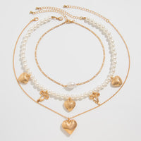 Thumbnail for Trendy 3pcs Bowknot Heart Pendant Pearl Chain Necklace Set - ArtGalleryZen