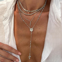 Thumbnail for Trendy 4pc Rhinestone Inlaid Cross Round Disk Pendant Ball Chain Y Necklace Set - ArtGalleryZen