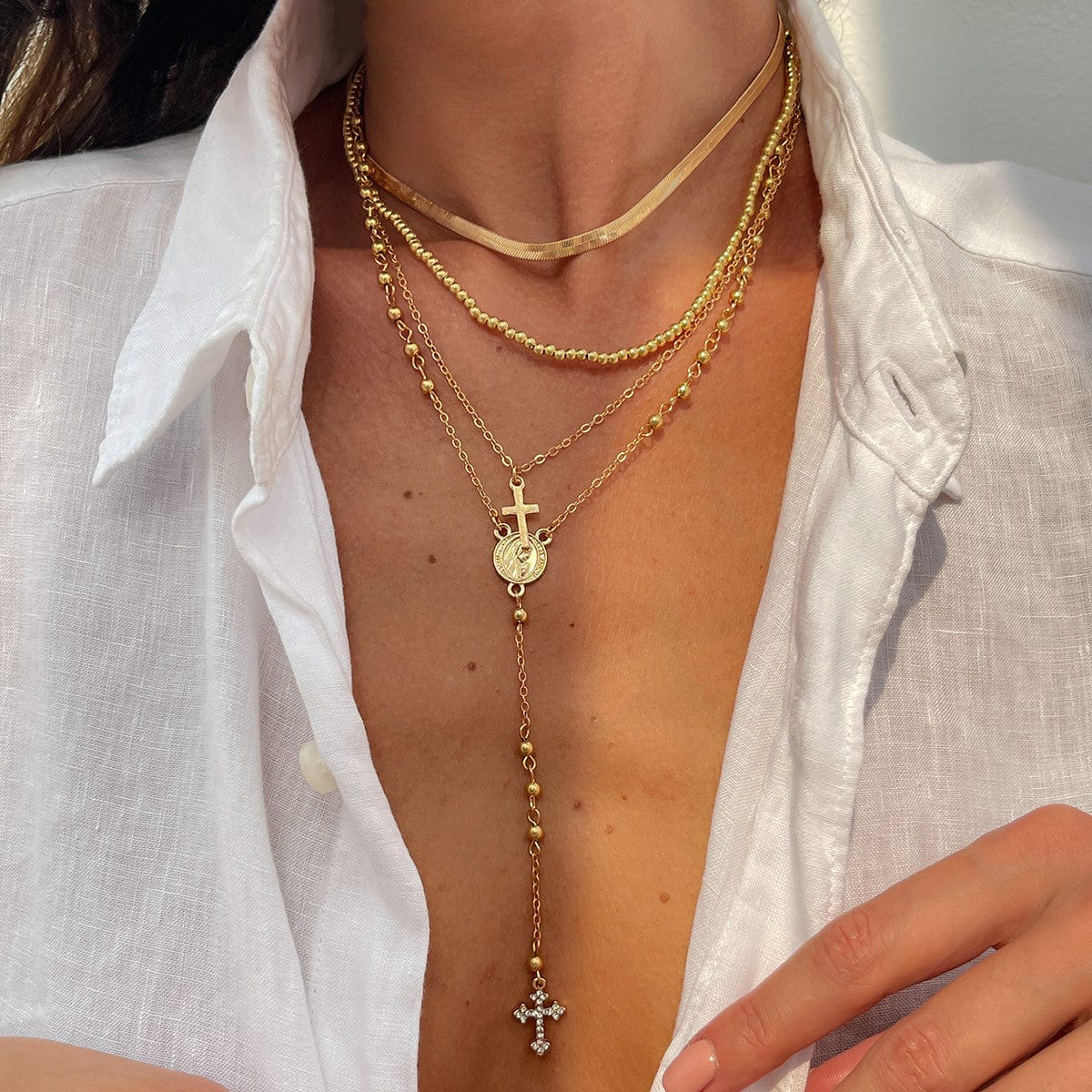 Trendy 4pc Rhinestone Inlaid Cross Round Disk Pendant Ball Chain Y Necklace Set - ArtGalleryZen