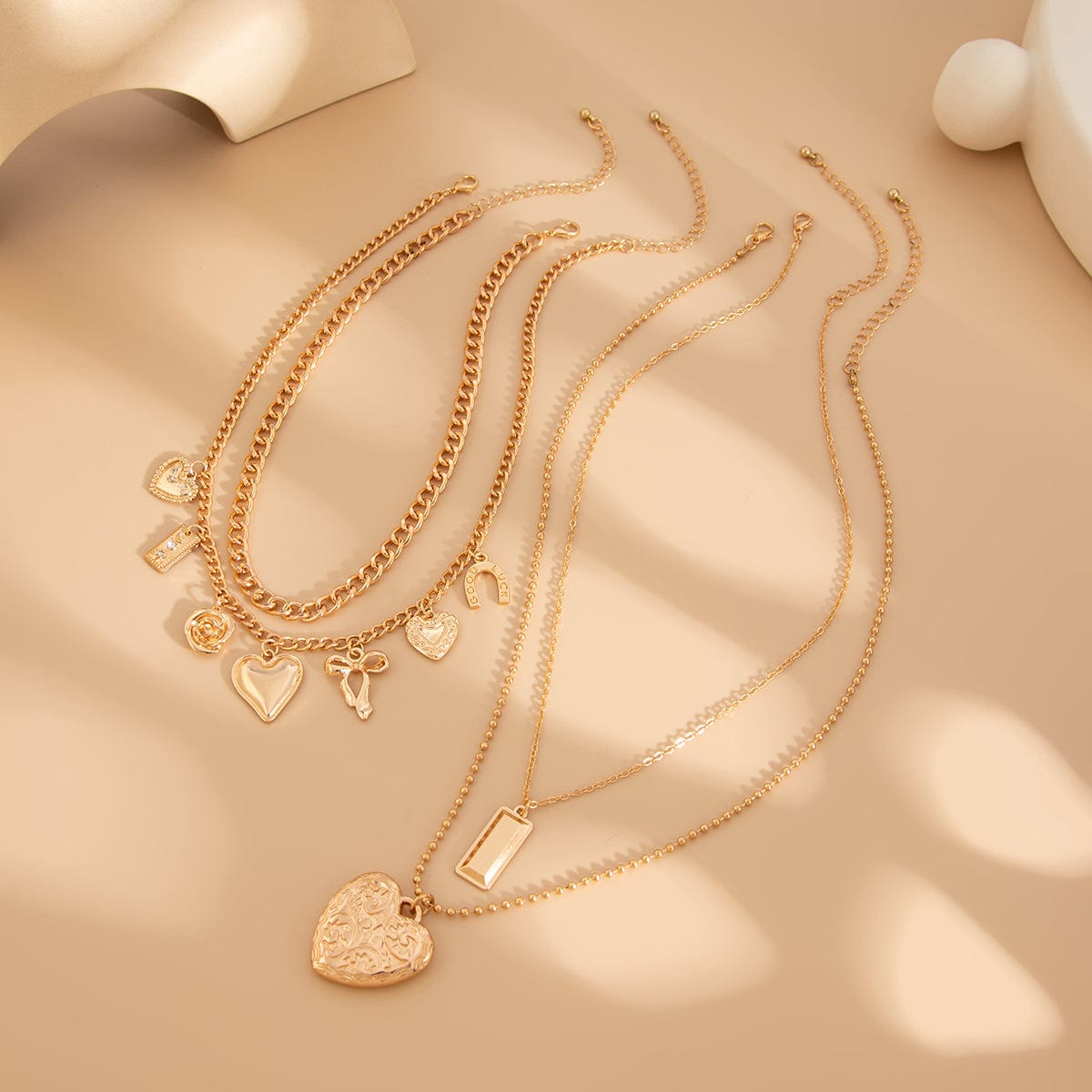 Trendy 4pcs Bowknot Heart Rose Pendant Curb Chain Necklace Set - ArtGalleryZen