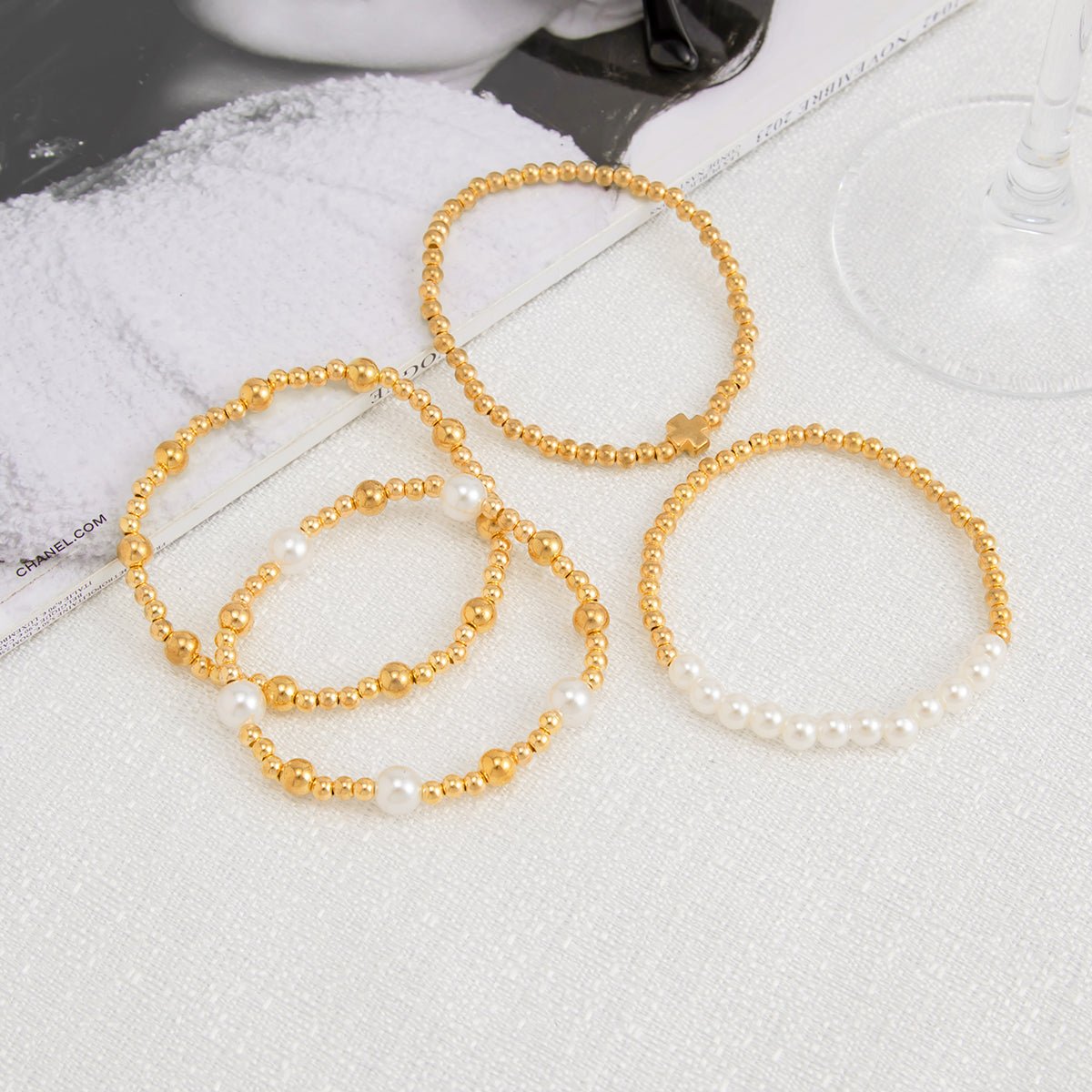 Trendy 4pcs Gold Silver Tone Pearl Beaded Chain Bracelet Set - ArtGalleryZen
