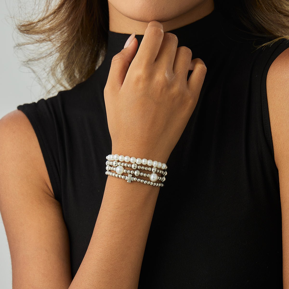Trendy 4pcs Gold Silver Tone Pearl Beaded Chain Bracelet Set - ArtGalleryZen