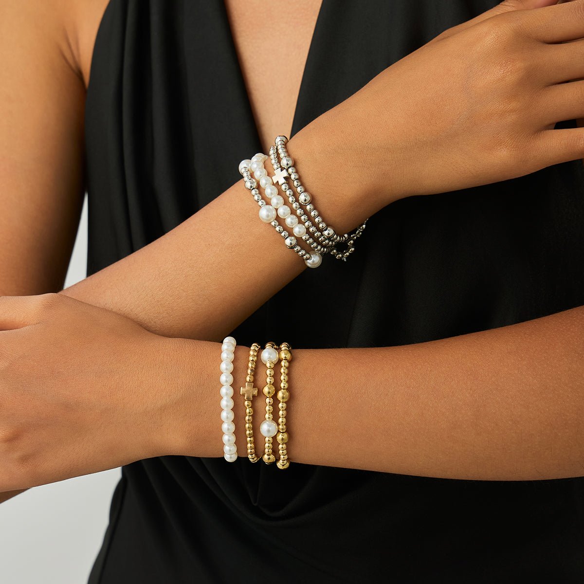 Trendy 4pcs Gold Silver Tone Pearl Beaded Chain Bracelet Set - ArtGalleryZen