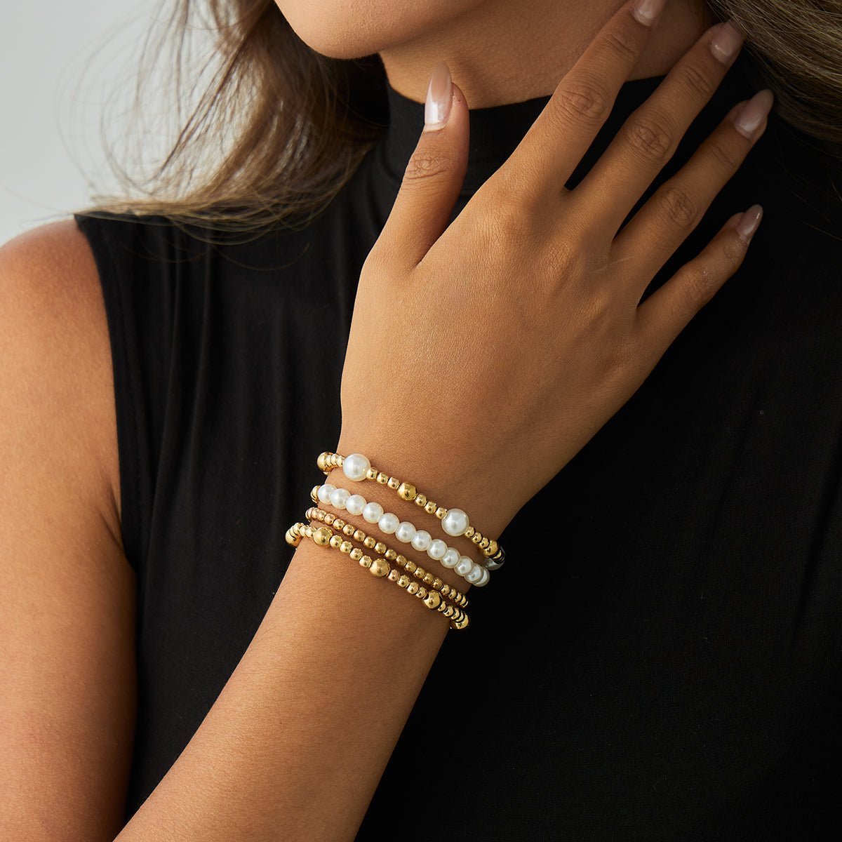 Trendy 4pcs Gold Silver Tone Pearl Beaded Chain Bracelet Set - ArtGalleryZen
