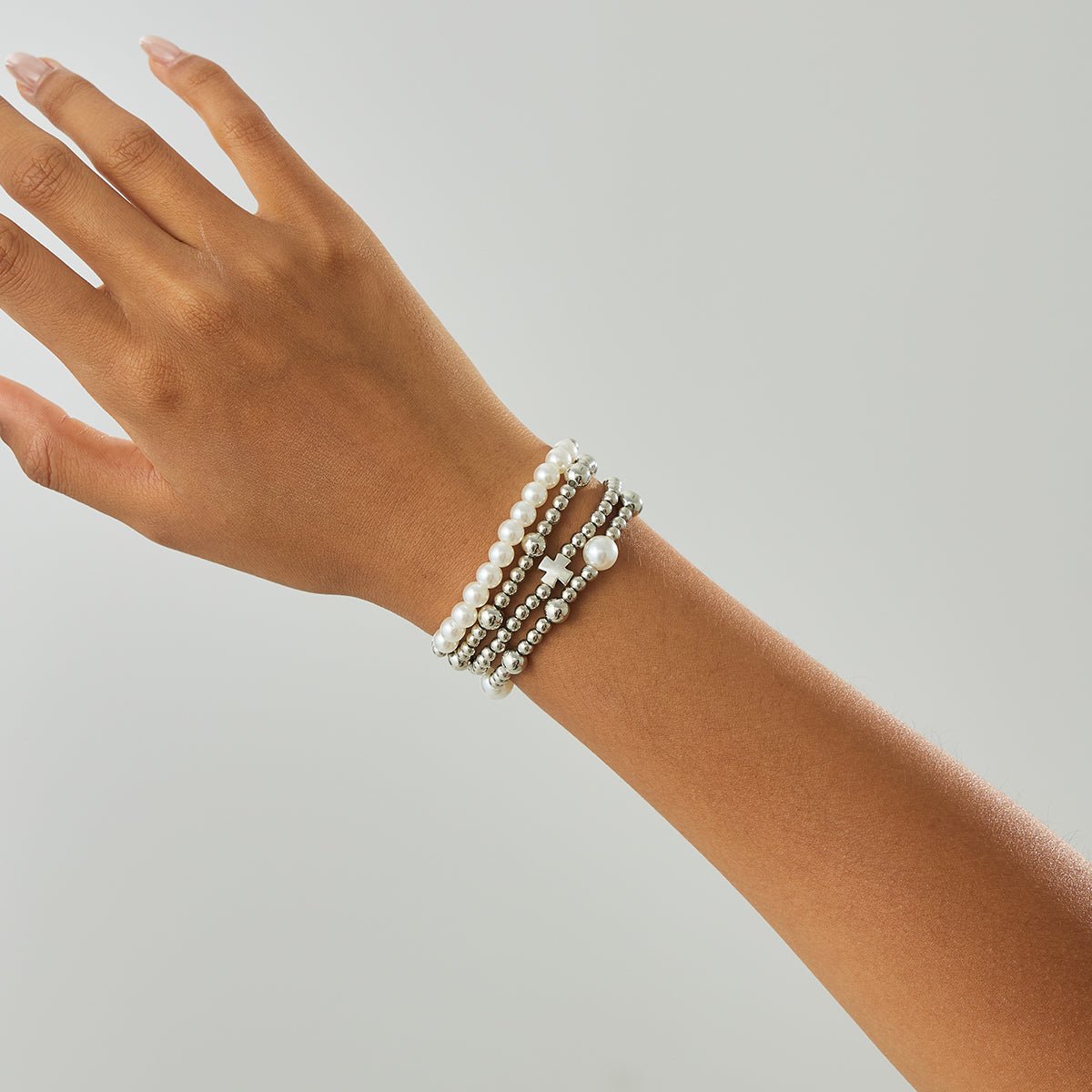 Trendy 4pcs Gold Silver Tone Pearl Beaded Chain Bracelet Set - ArtGalleryZen