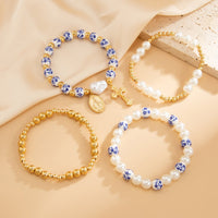 Thumbnail for Trendy 4pcs Pattern Oval Cross Pendant Pearl Blue And White Porcelain Beaded Bracelet Set - ArtGalleryZen