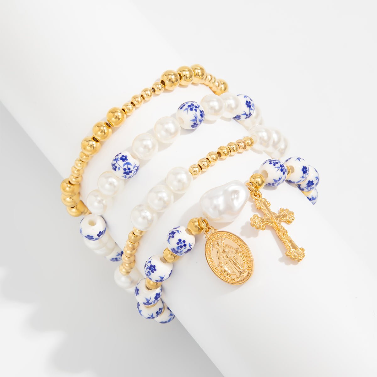 Trendy 4pcs Pattern Oval Cross Pendant Pearl Blue And White Porcelain Beaded Bracelet Set - ArtGalleryZen