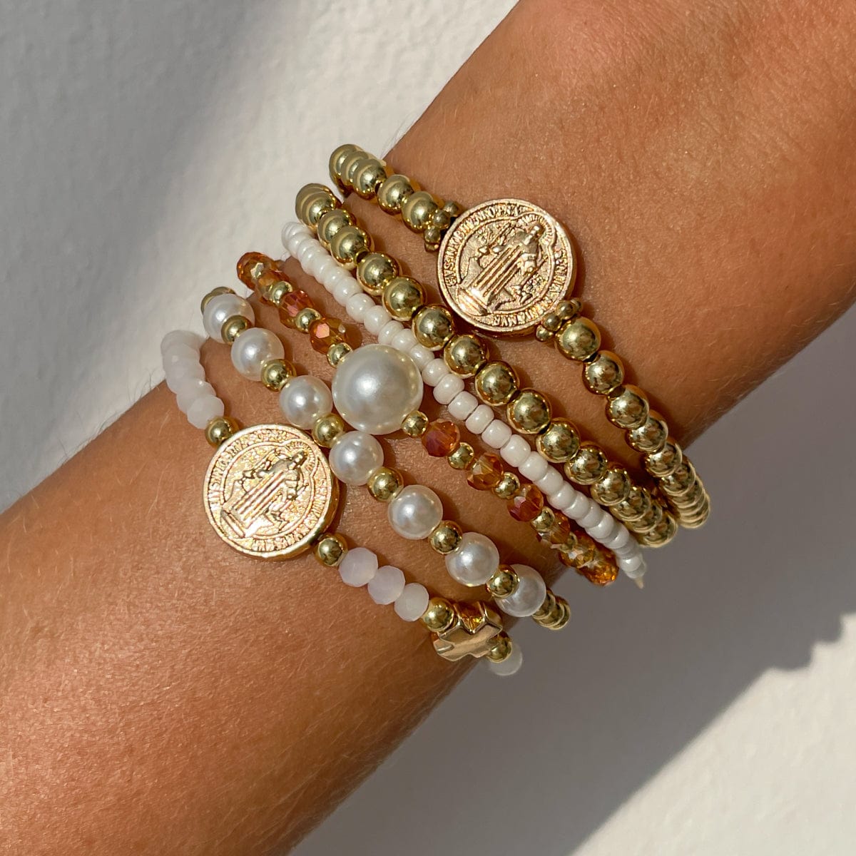 Trendy 6pcs Pattern Round Disk Charm Crystal Pearl Chain Bracelet Set - ArtGalleryZen