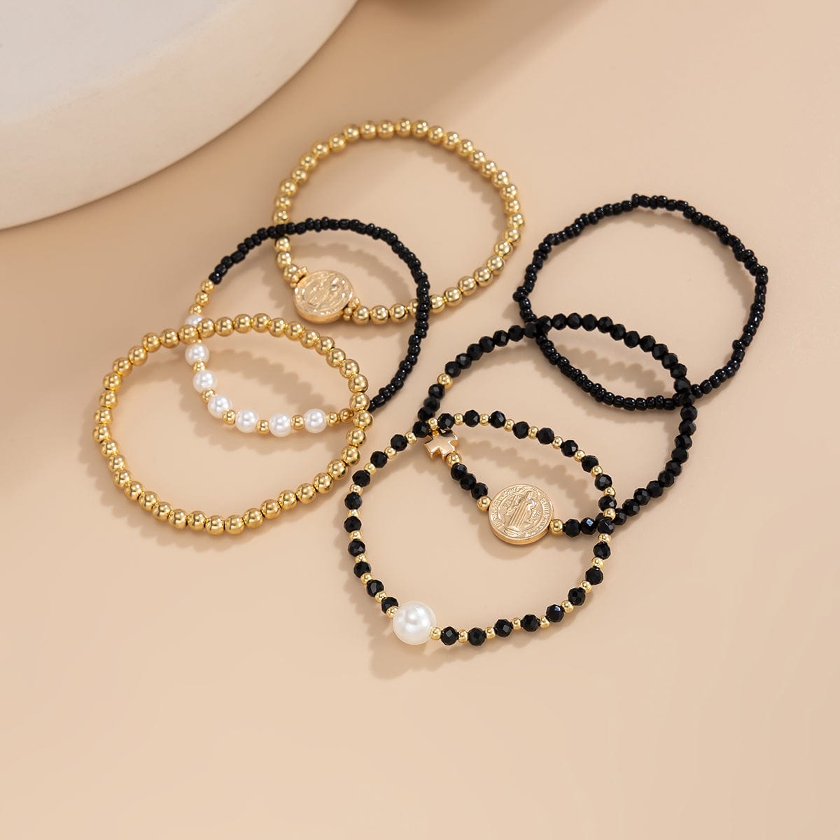 Trendy 6pcs Pattern Round Disk Charm Crystal Pearl Chain Bracelet Set - ArtGalleryZen