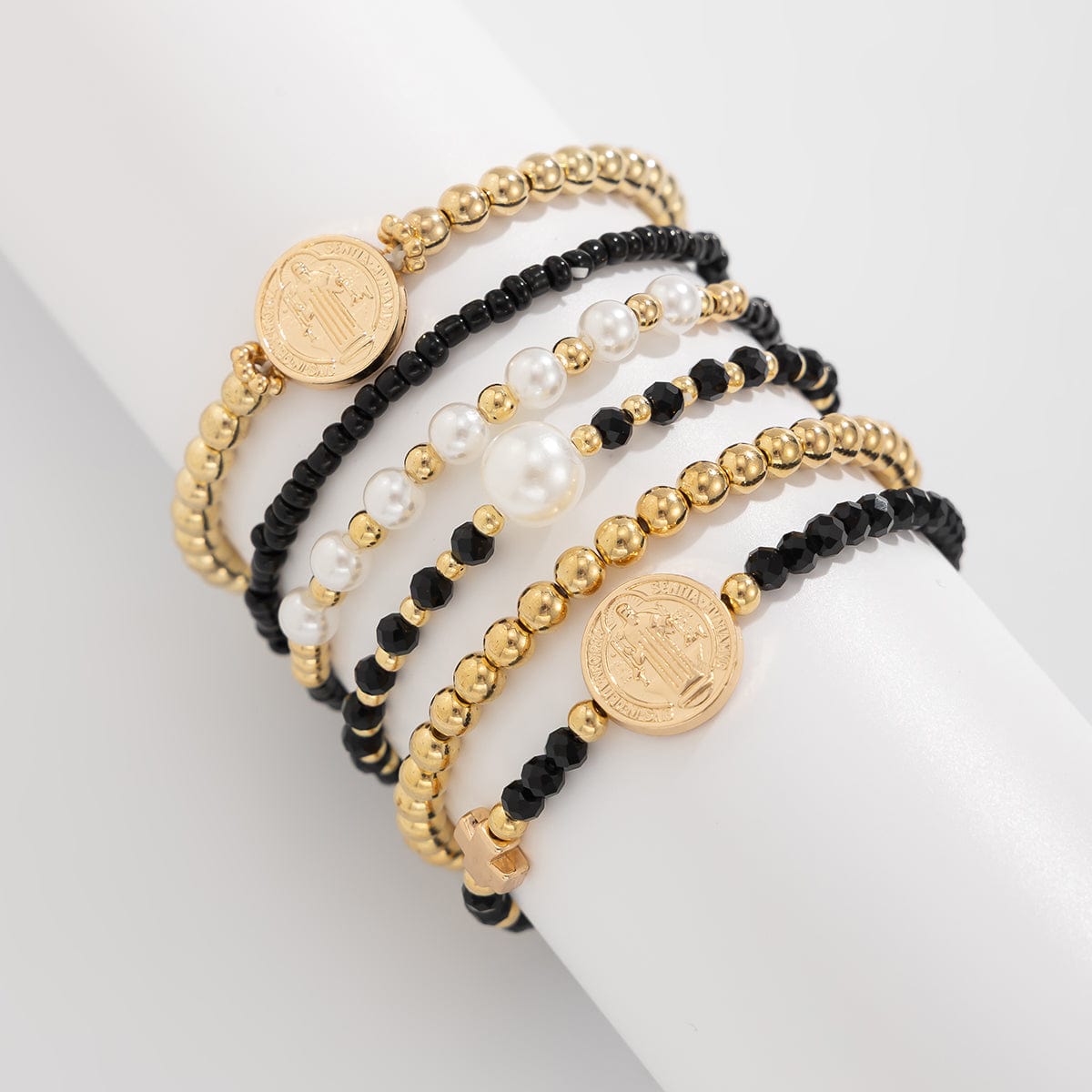 Trendy 6pcs Pattern Round Disk Charm Crystal Pearl Chain Bracelet Set - ArtGalleryZen