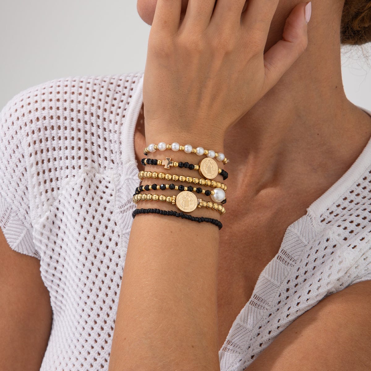 Trendy 6pcs Pattern Round Disk Charm Crystal Pearl Chain Bracelet Set - ArtGalleryZen