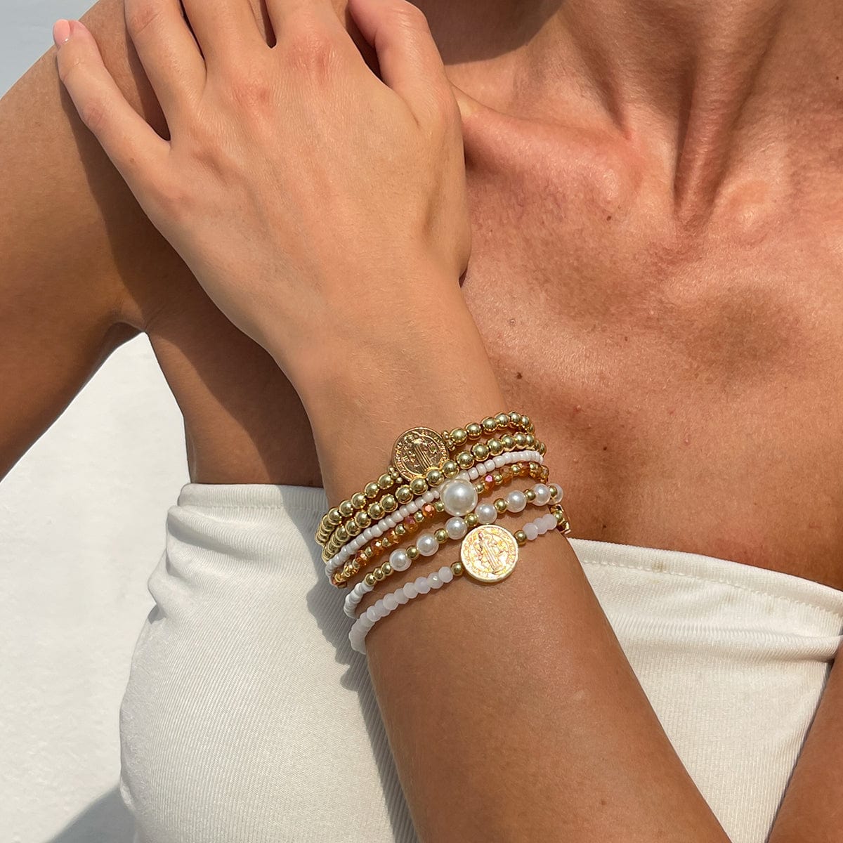 Trendy 6pcs Pattern Round Disk Charm Crystal Pearl Chain Bracelet Set - ArtGalleryZen