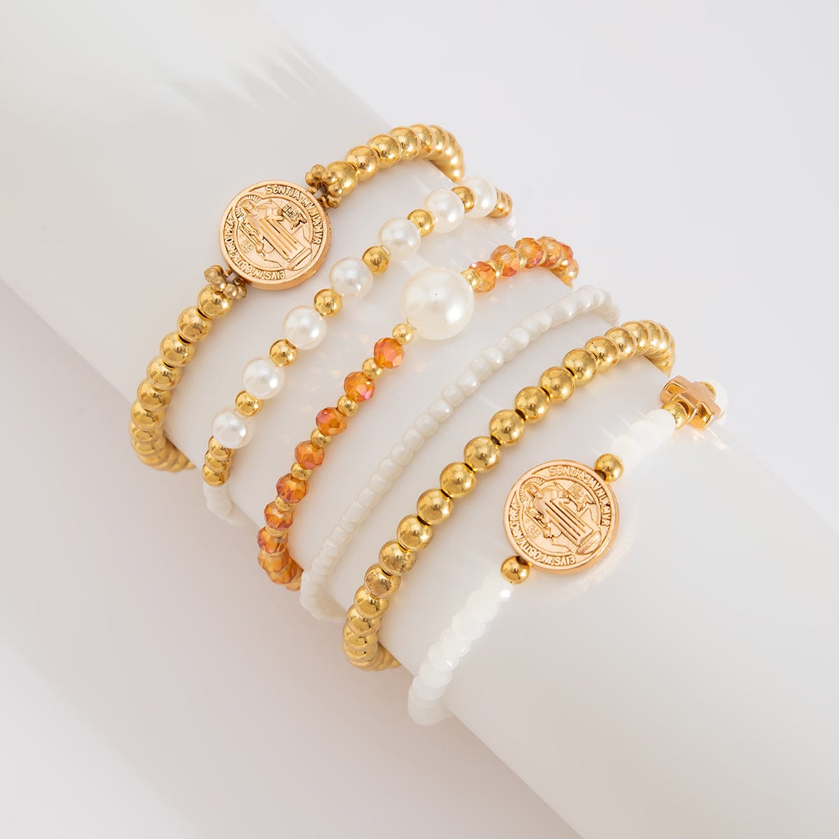 Trendy 6pcs Pattern Round Disk Charm Crystal Pearl Chain Bracelet Set - ArtGalleryZen