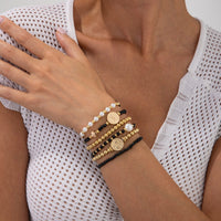 Thumbnail for Trendy 6pcs Pattern Round Disk Charm Crystal Pearl Chain Bracelet Set - ArtGalleryZen