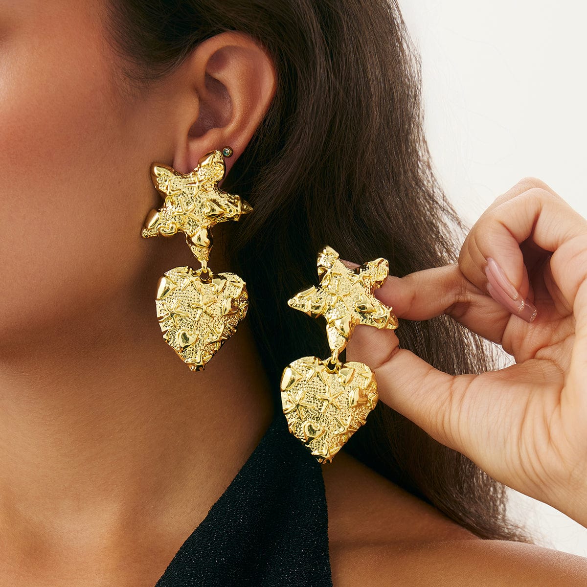Trendy Chunky Pattern Heart Dangle Star Earrings - ArtGalleryZen