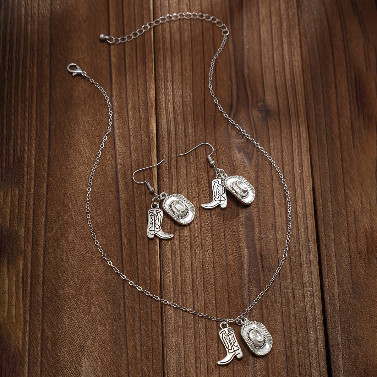Trendy Cowboy Hat Boot Pendnat Necklace Earrings Set - ArtGalleryZen