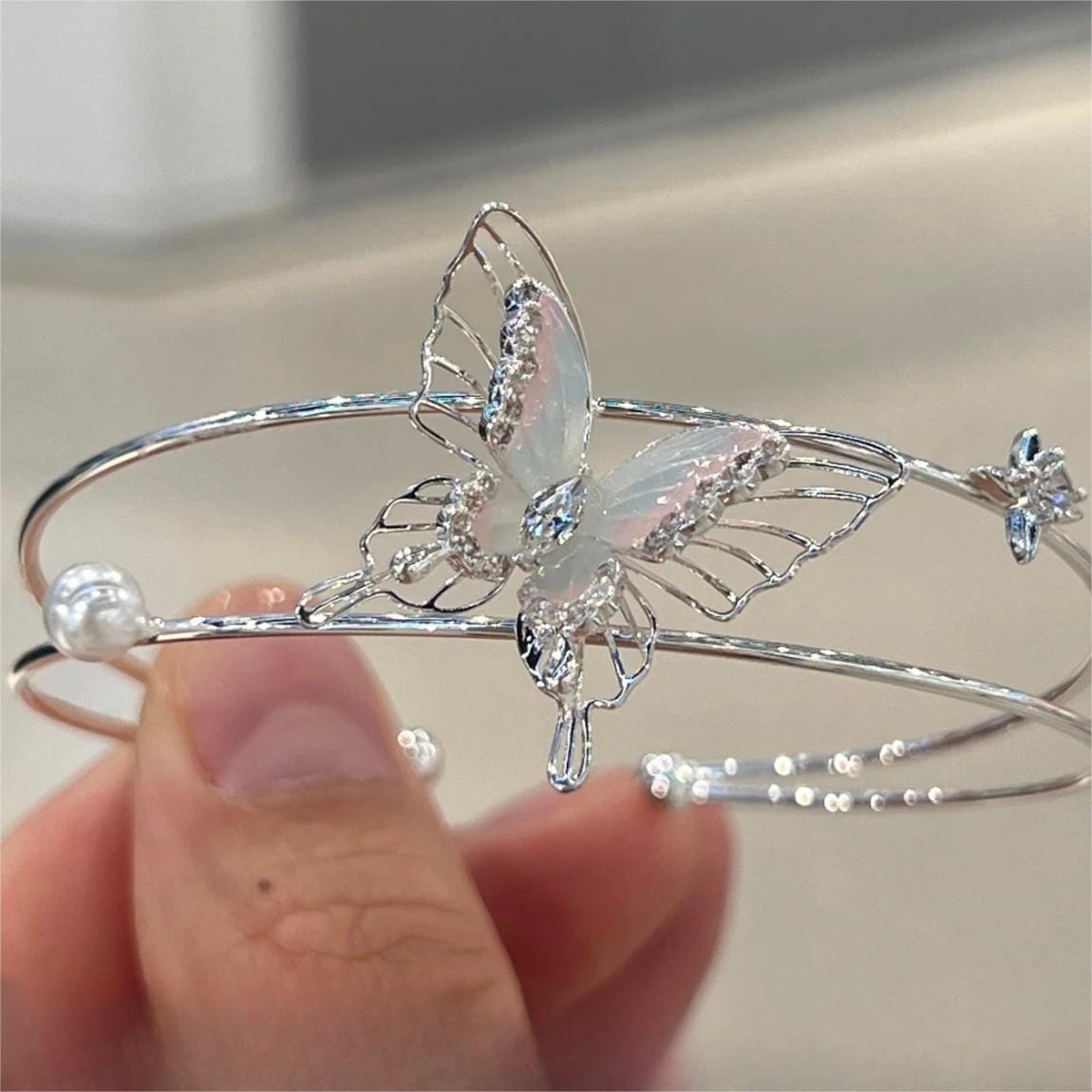 Trendy Crystal Inlaid Enamel Butterfly Pearl Charm Bangle Bracelet - ArtGalleryZen