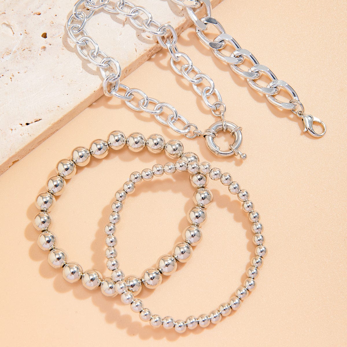Trendy Curb Link Ball Chain Stackable Bracelet Set - ArtGalleryZen