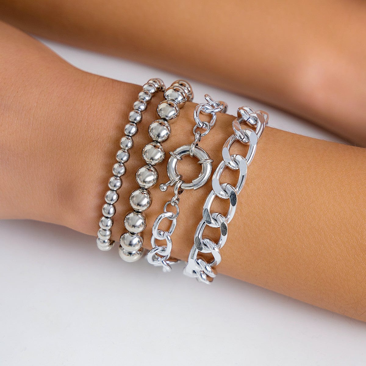 Trendy Curb Link Ball Chain Stackable Bracelet Set - ArtGalleryZen
