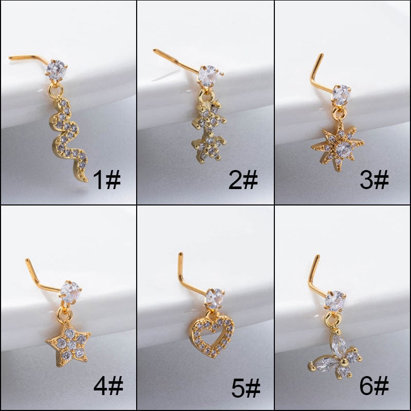Trendy CZ Inlaid Snake Heart Butterfly Dangle Stainless Steel Nose Piercing Nose Stud - ArtGalleryZen