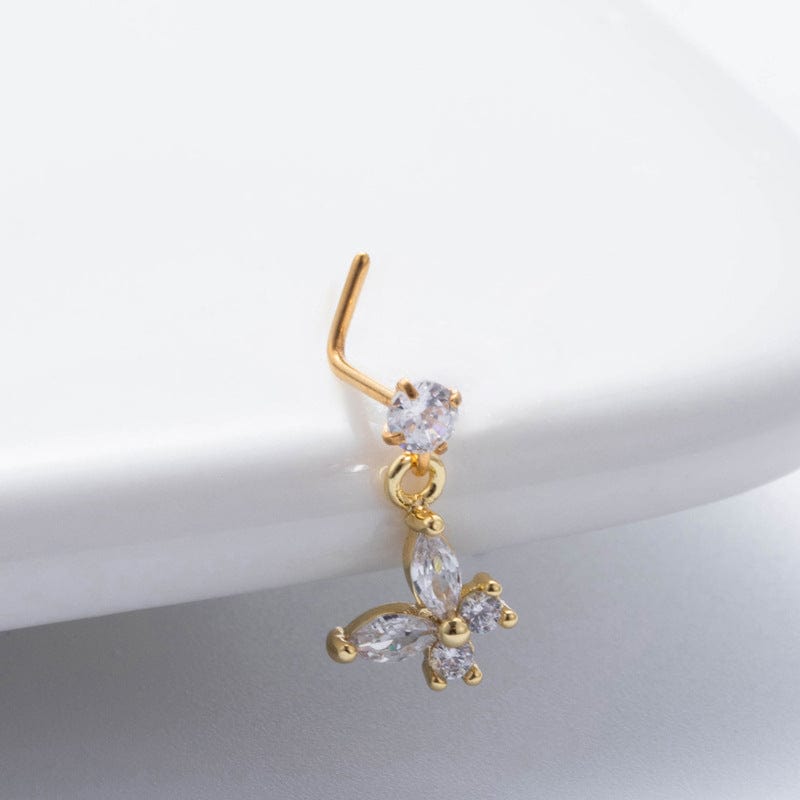 Trendy CZ Inlaid Snake Heart Butterfly Dangle Stainless Steel Nose Piercing Nose Stud - ArtGalleryZen