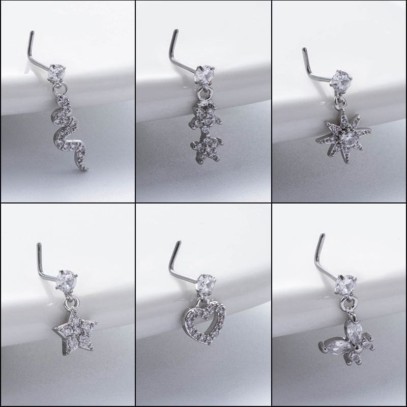 Trendy CZ Inlaid Snake Heart Butterfly Dangle Stainless Steel Nose Piercing Nose Stud - ArtGalleryZen