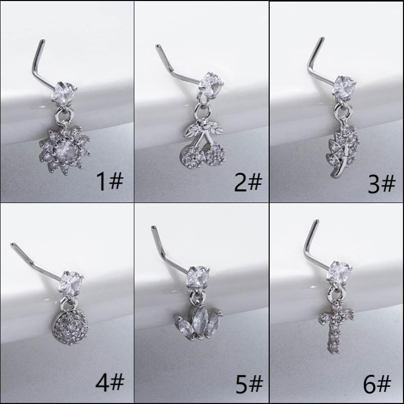 Trendy CZ Inlaid Stainless Steel Cherry Cross Sun Nose Piercing Nose Stud - ArtGalleryZen