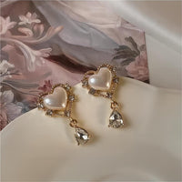 Thumbnail for Trendy Dangling Rhinestone CZ Inlaid Pearl Heart Earrings - ArtGalleryZen