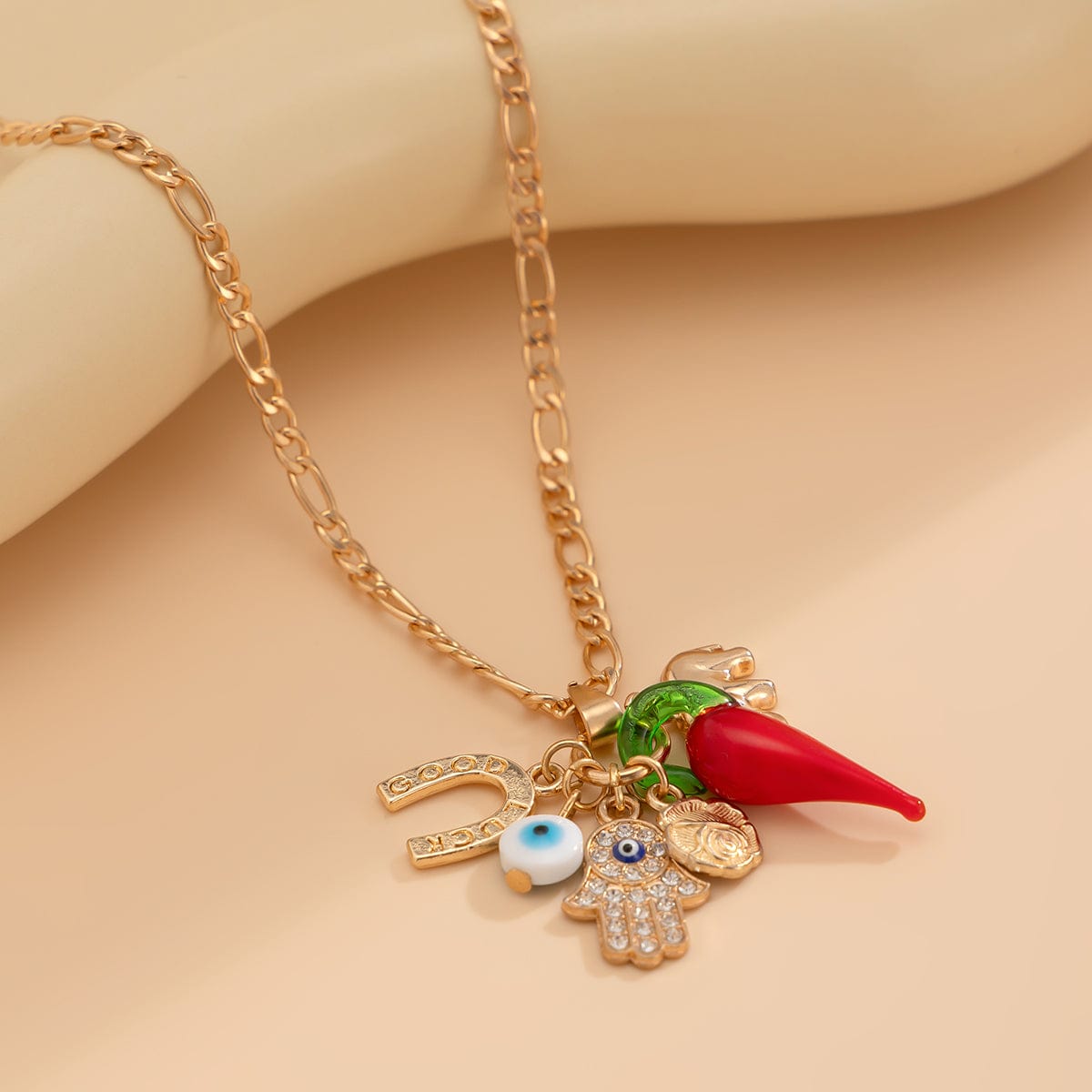 Trendy Glass Chili Evil Eye Lucky Horseshoe Pendant Necklace - ArtGalleryZen