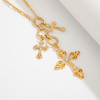 Thumbnail for Trendy Gold Plated Rhinestone Inlaid Cross Tassel Necklace - ArtGalleryZen