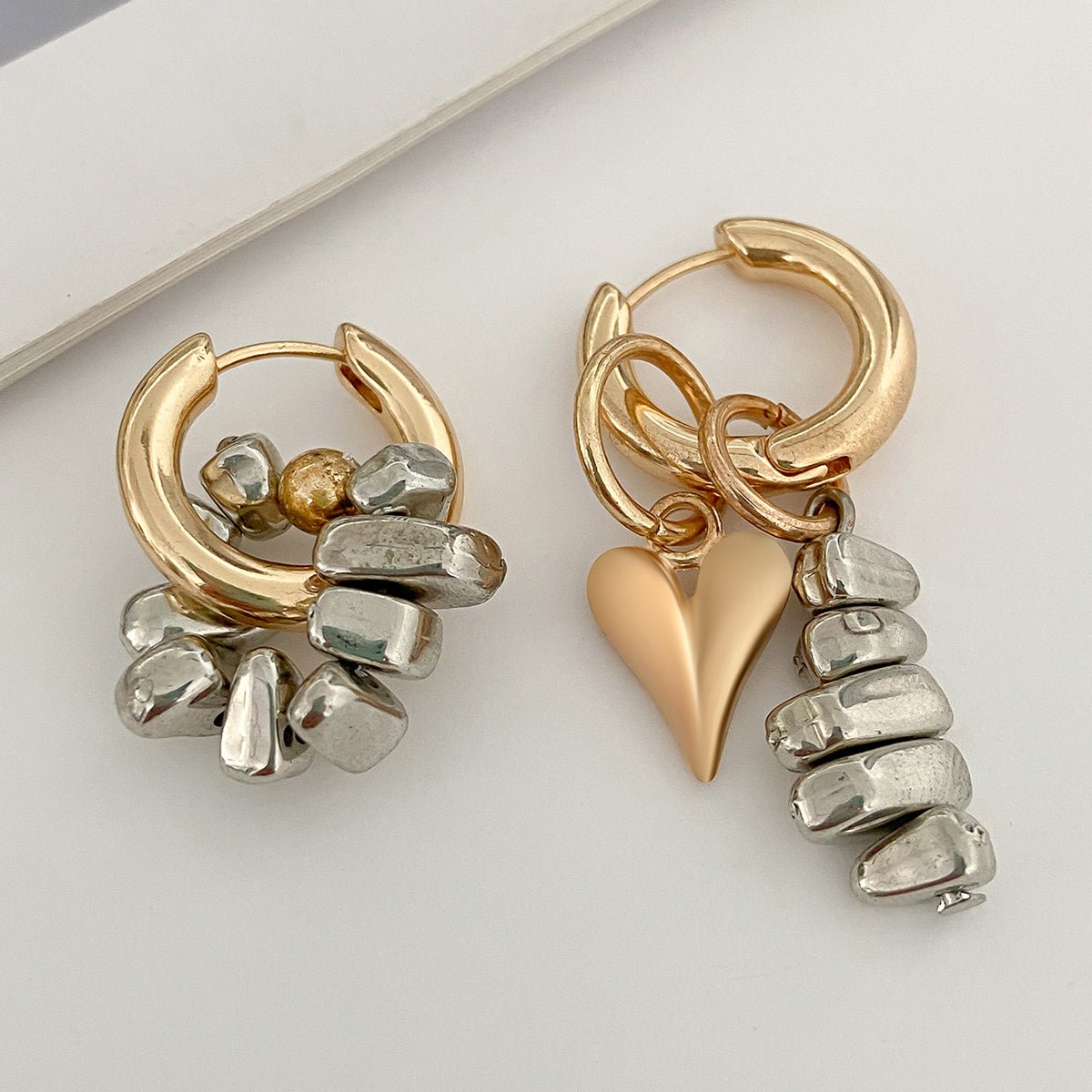 Trendy Heart Irregular Beaded Dangle Huggie Hoop Earrings - ArtGalleryZen