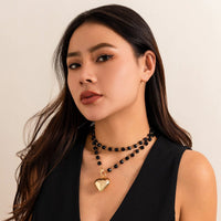 Thumbnail for Layered Heart Charm Crystal Beaded Choker Y Necklace - ArtGalleryZen
