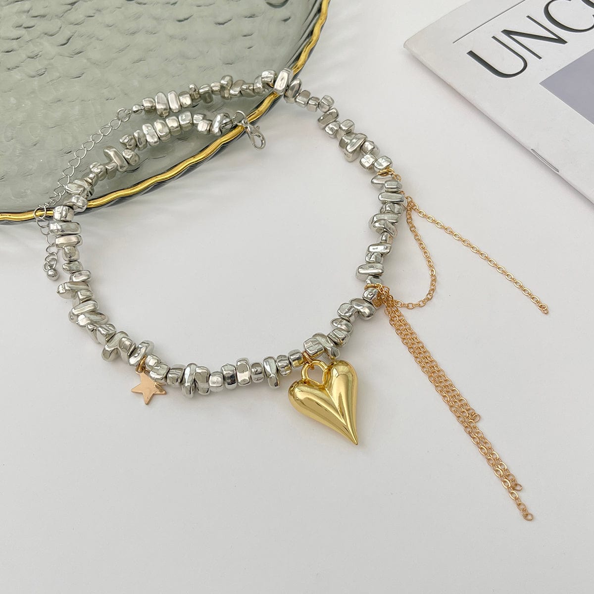 Trendy Heart Pendant Irregular Beaded Tassel Chain Necklace - ArtGalleryZen