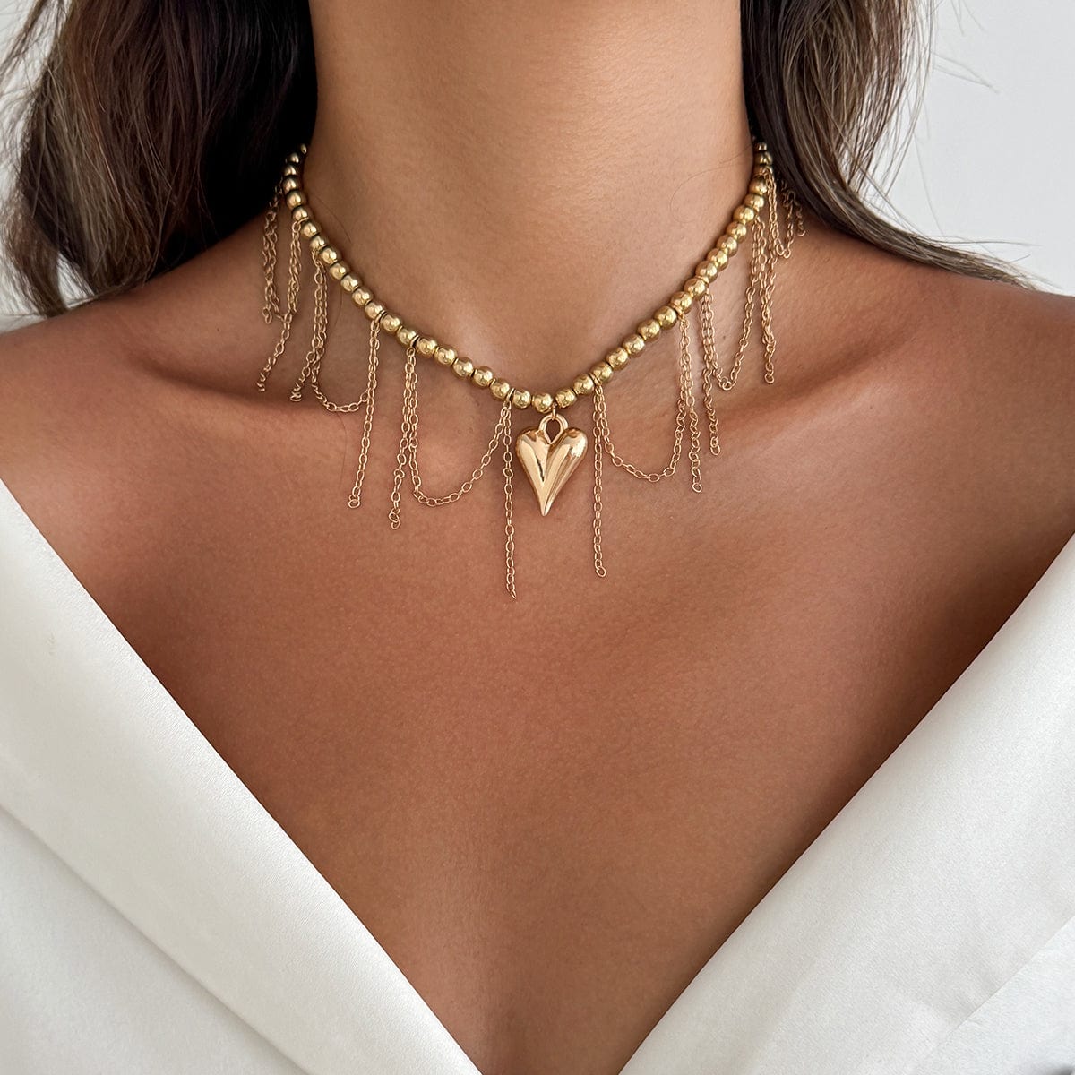 Trendy Heart Tassel Ball Chain Necklace - ArtGalleryZen