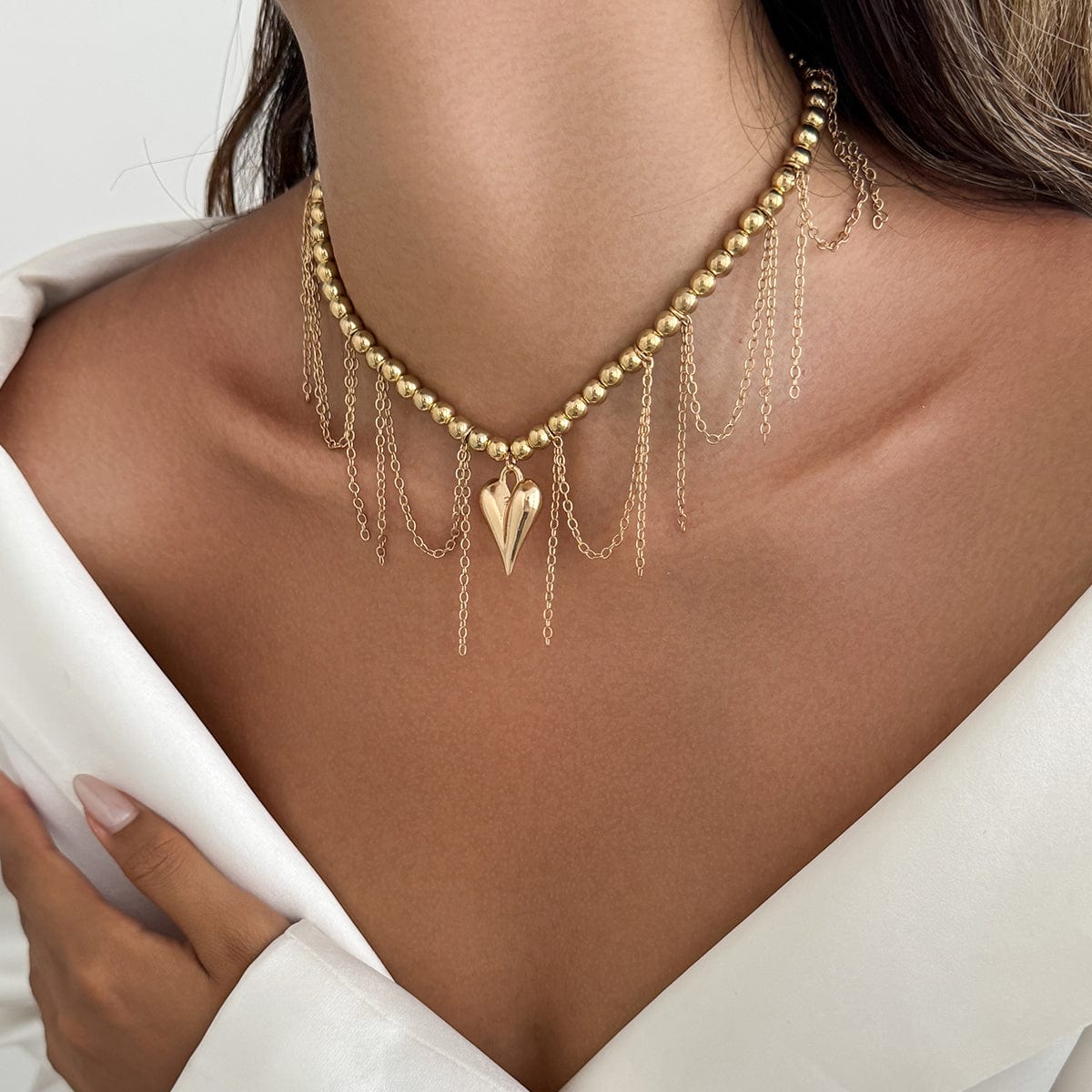 Trendy Heart Tassel Ball Chain Necklace - ArtGalleryZen