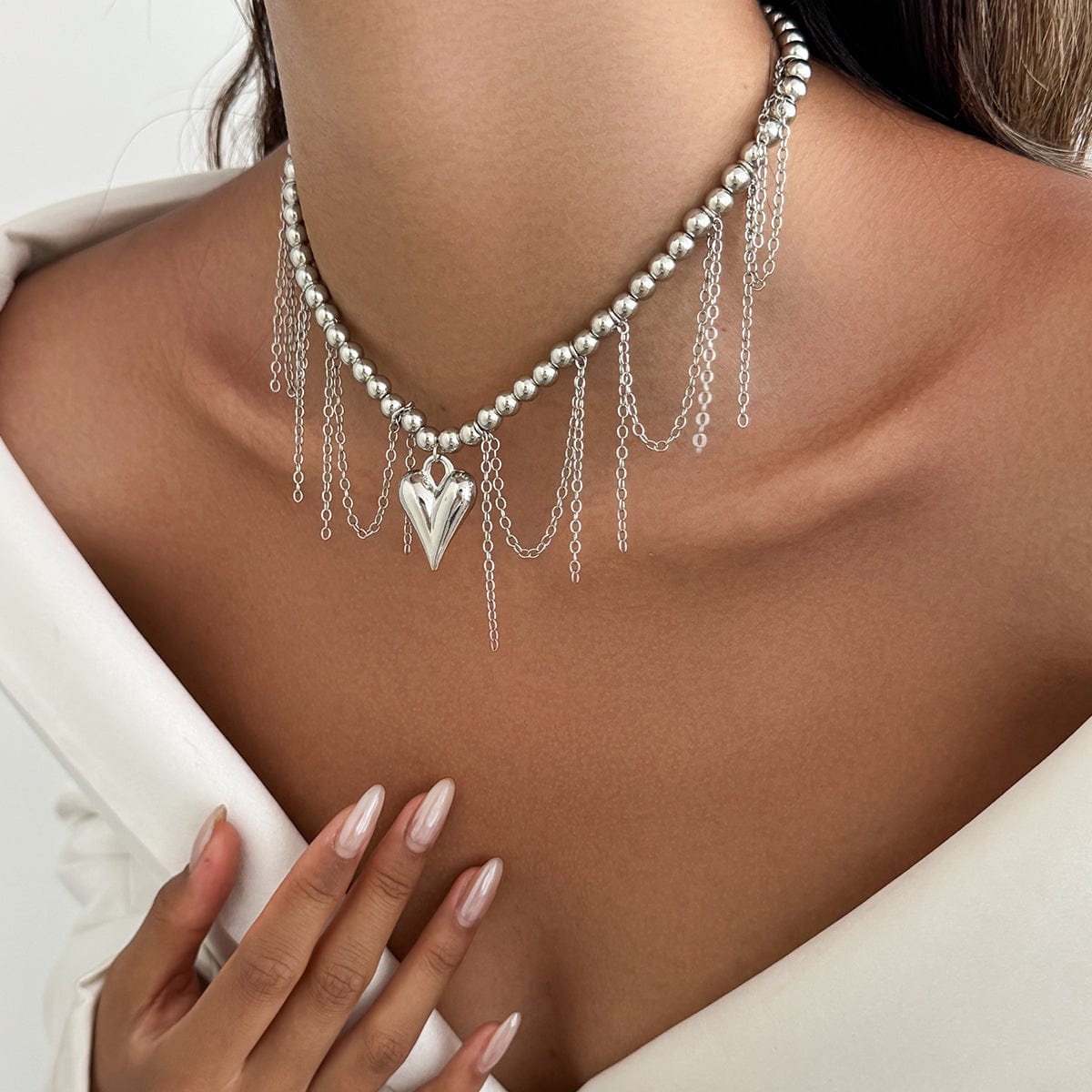 Trendy Heart Tassel Ball Chain Necklace - ArtGalleryZen