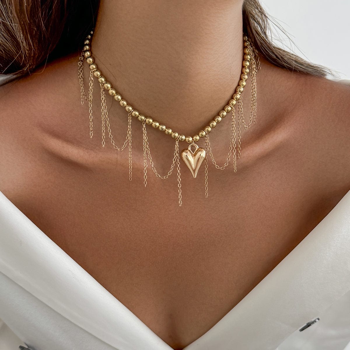 Trendy Heart Tassel Ball Chain Necklace - ArtGalleryZen