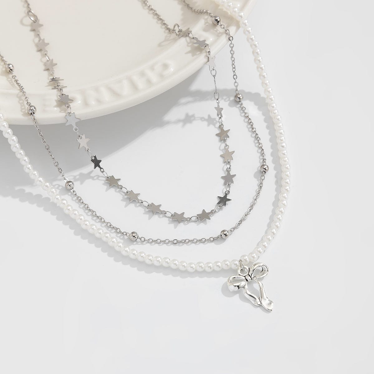 Trendy Layered Bowknot Charm Star Pearl Chain Necklace Set - ArtGalleryZen