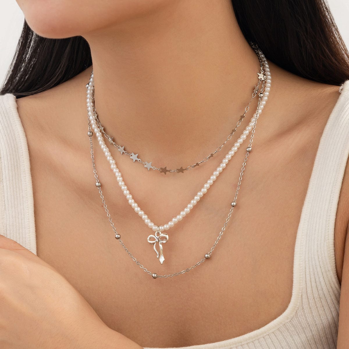 Trendy Layered Bowknot Charm Star Pearl Chain Necklace Set - ArtGalleryZen