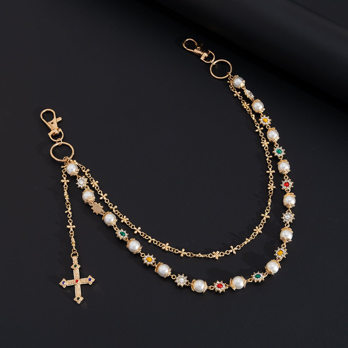 Trendy Layered Cross Pendant Flower Rhinestone Pearl Trouser Chain - ArtGalleryZen