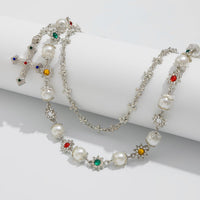 Thumbnail for Trendy Layered Cross Pendant Flower Rhinestone Pearl Trouser Chain - ArtGalleryZen