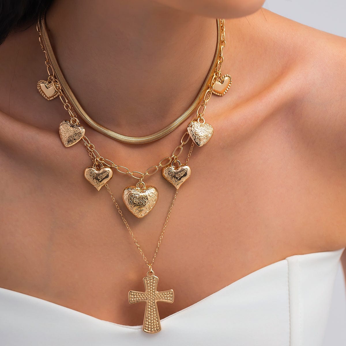 Trendy Layered Floral Heart Cross Pendant Snake Chain Necklace Set - ArtGalleryZen